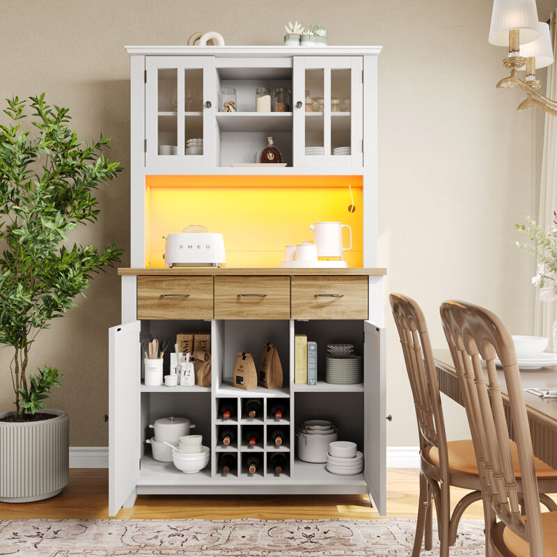 foto del prodotto mobile cucina, credenza, ripiani regolabili, vetrina, 3 cassetti, led, 9 scomparti per bottiglie di vino, 106x40x179,5 bianco a