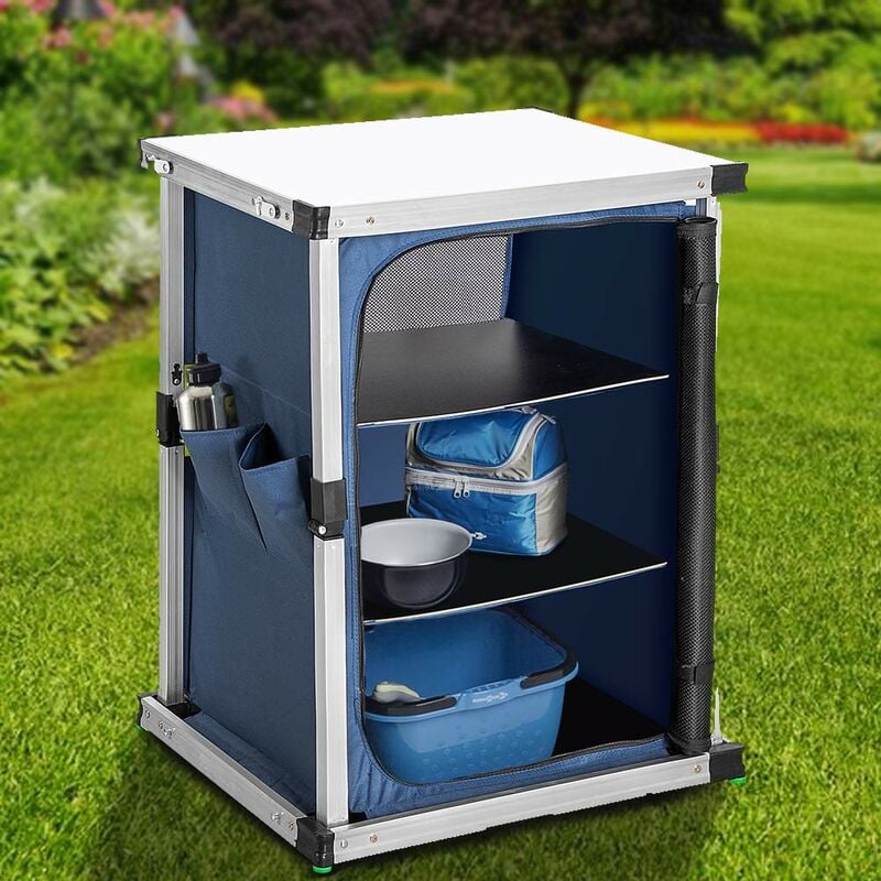 foto del prodotto mobile cucina da campeggio armadietto pieghevole in metallo e tessuto 3 ripiani