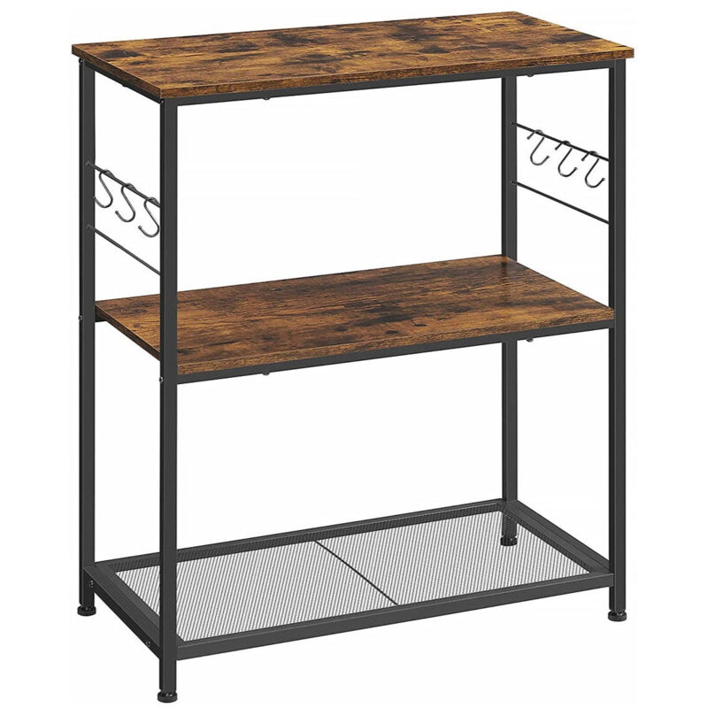 foto del prodotto mobile cucina isola ripiano portaoggetti supporto forno microonde con 3 ripiani aperti 6 ganci 80 x 40 x 90 cm stile industriale rustico marrone e