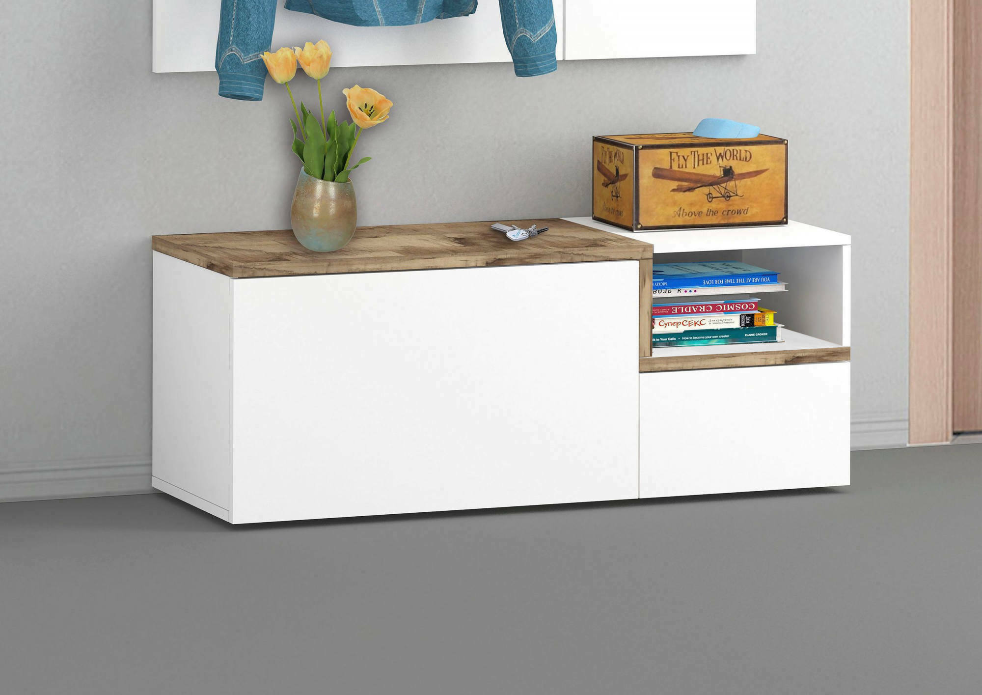 foto del prodotto mobile da aska, made in italy, scarpiera con ripiano, panca a 2 ante, cm 120x40h54, bianco lucido e acero