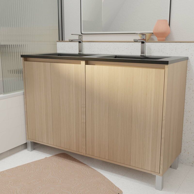foto del prodotto mobile da bagno 120 cm 4 ante rovere chiaro lavabo doppio in ceramica nera xenos