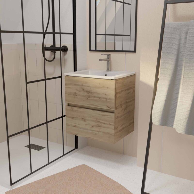 foto del prodotto mobile da bagno 50 cm decor rovere naturale con 2 cassetti e lavabo in ceramica bianca