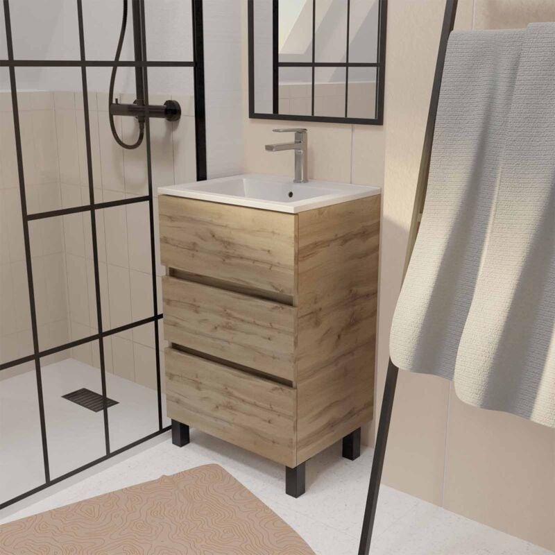 foto del prodotto mobile da bagno 50 cm decor rovere naturale con 3 cassetti e lavabo in ceramica bianca