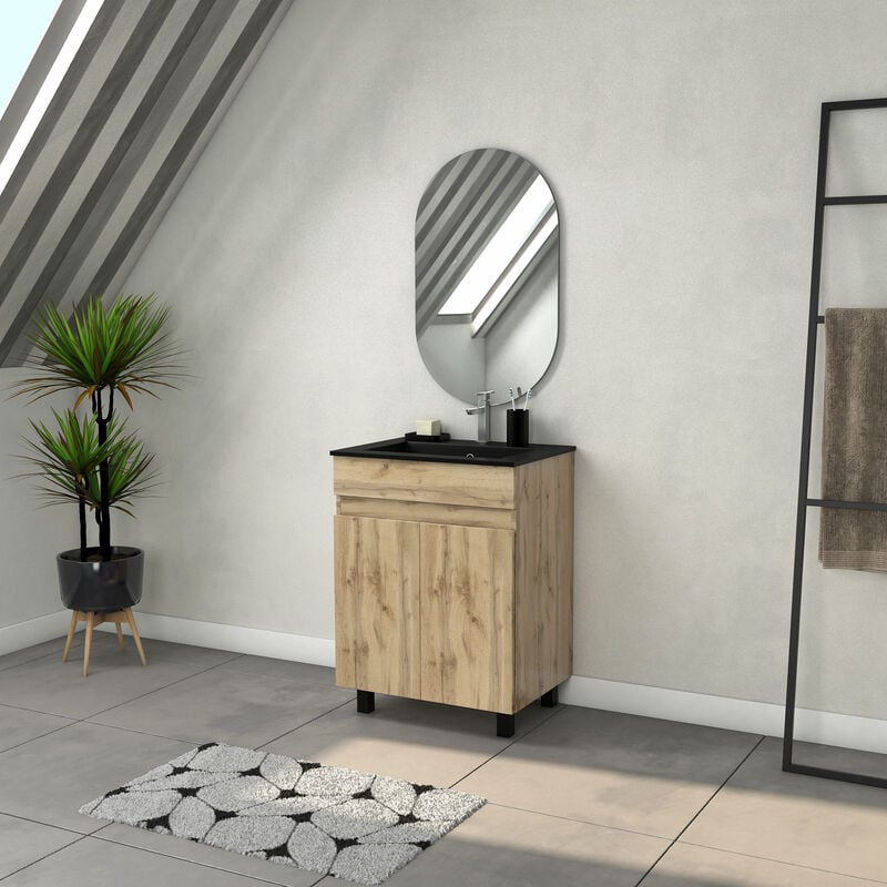 foto del prodotto mobile da bagno 60 cm con 2 ante aspetto rovere naturale lavabo nero e specchio ovale