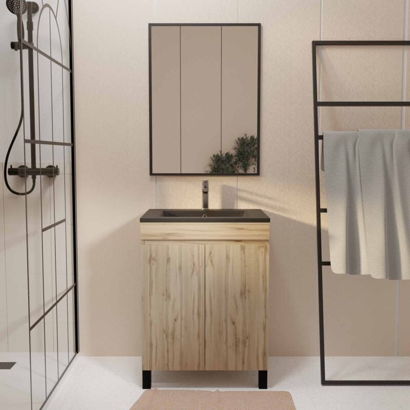 foto del prodotto mobile da bagno 60 cm finitura rovere naturale 2 ante lavabo nero e specchio timber