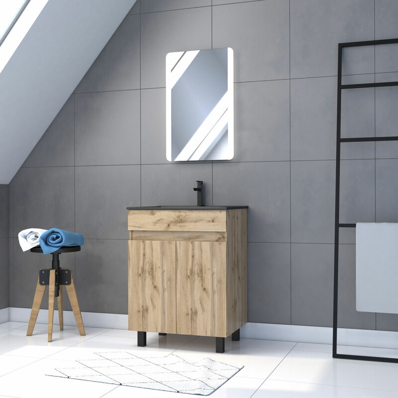 foto del prodotto mobile da bagno 60x80 finitura legno naturale lavabo nero specchio led timber 60 pack02