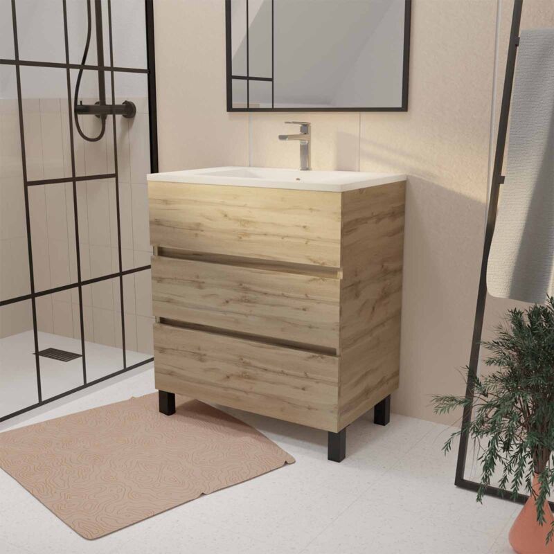 foto del prodotto mobile da bagno 70 cm decor rovere naturale con 3 cassetti e lavabo in ceramica bianca