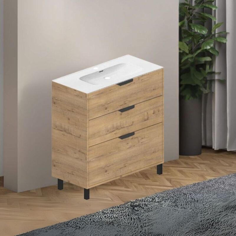 foto del prodotto mobile da bagno 80 cm con 3 cassetti e lavabo incluso colore rovere piedini neri albira