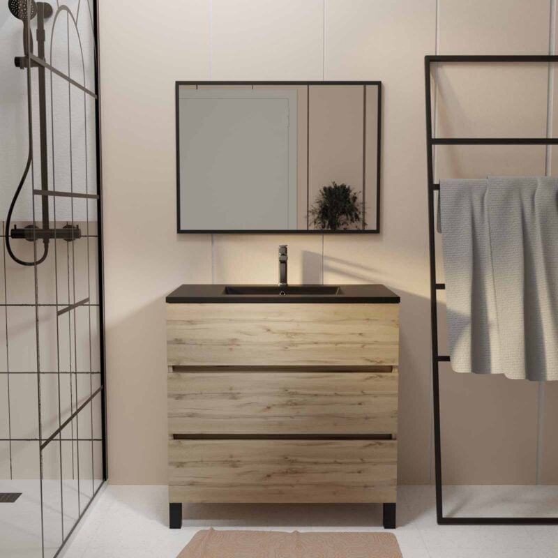 foto del prodotto mobile da bagno 80 cm finitura rovere naturale 3 cassetti lavabo nero e specchio timber
