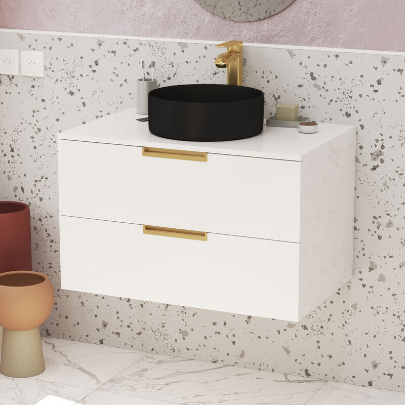 foto del prodotto mobile da bagno 80 cm laccato bianca e oro dorato 2 cassetti lavabo rotondo nero