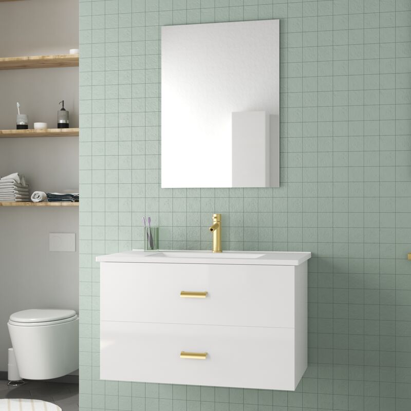 foto del prodotto mobile da bagno 80 cm laccato bianco e oro dorato 2 cassetti lavabo bianco e specchio
