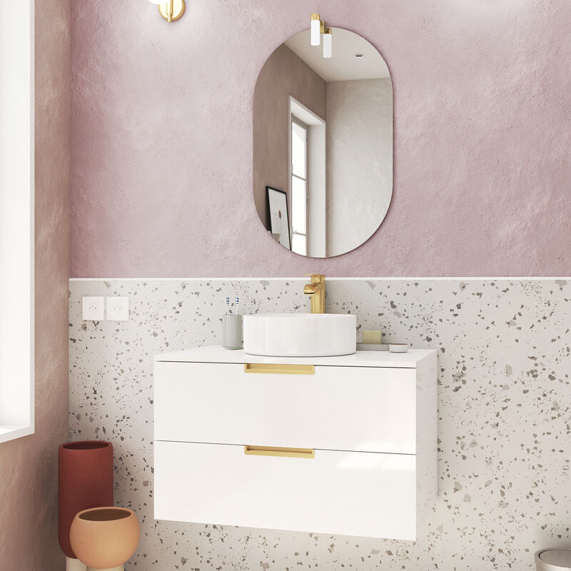 foto del prodotto mobile da bagno 80 cm laccato bianco e oro dorato 2 cassetti lavabo bianco specchio e led