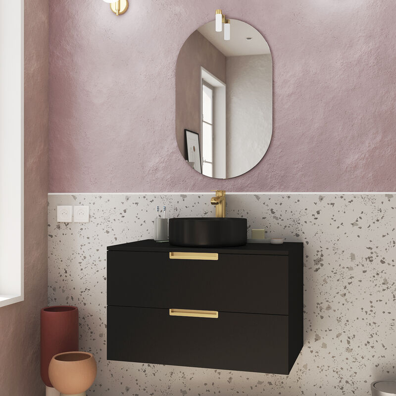 foto del prodotto mobile da bagno 80 cm laccato nero opaca e oro dorato 2 cassetti lavabo nero specchio e led