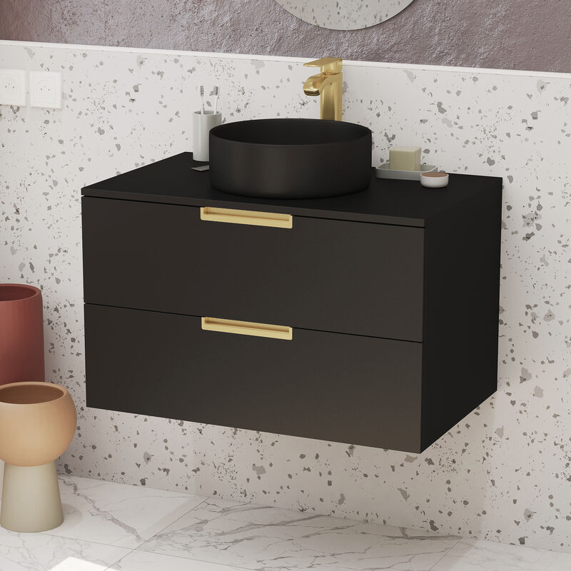 foto del prodotto mobile da bagno 80 cm laccato nero opaca e oro dorato 2 cassetti lavabo rotondo nero
