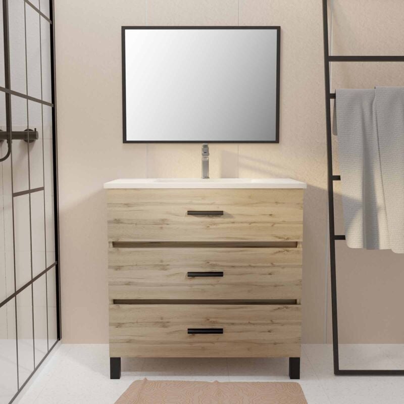 foto del prodotto mobile da bagno 80 cm - rovere industriale - 3 cassetti - lavabo e specchio