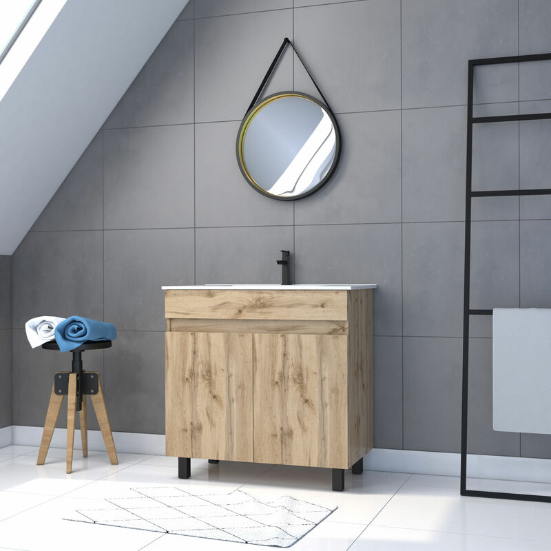 foto del prodotto mobile da bagno 80cm da appoggiare 2 ante rovere lavabo bianco specchio barbiere timber 80 pack28