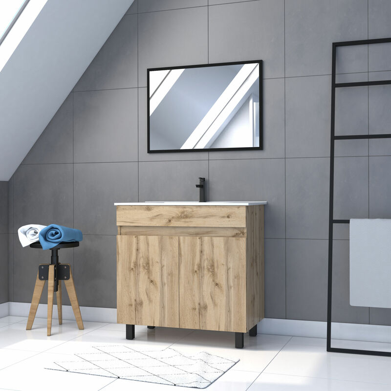 foto del prodotto mobile da bagno 80cm da appoggiare 2 ante rovere lavabo specchio timber 80 pack25