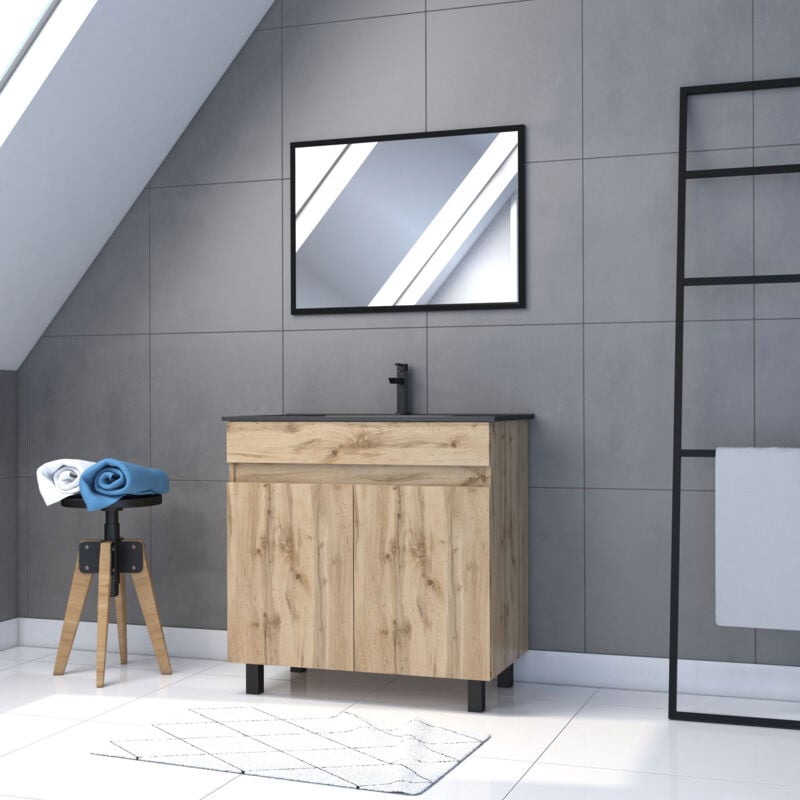 foto del prodotto mobile da bagno 80x80 cm finitura rovere naturale lavabo nero specchio timber 80 pack05