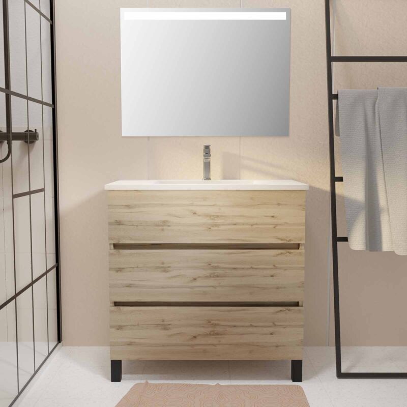 foto del prodotto mobile da bagno 80x80 rovere casseti lavabo bianco specchio led timber 80 pack46