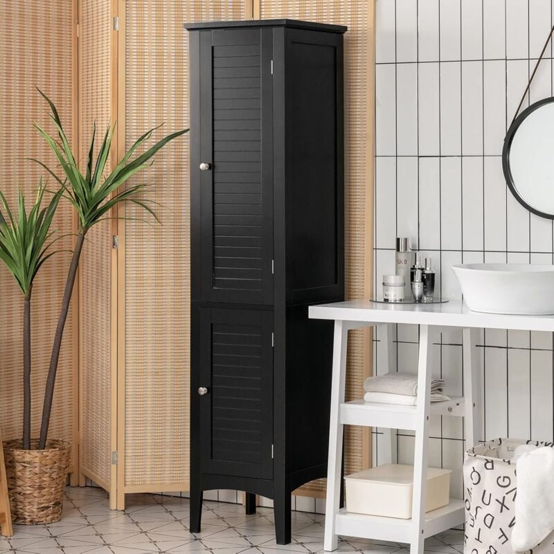 foto del prodotto mobile da bagno alto con 2 ante, armadio da terra con 5 vani, mobile colonna per bagno cucina soggiorno, 37 x 37 x 160 cm nero costway