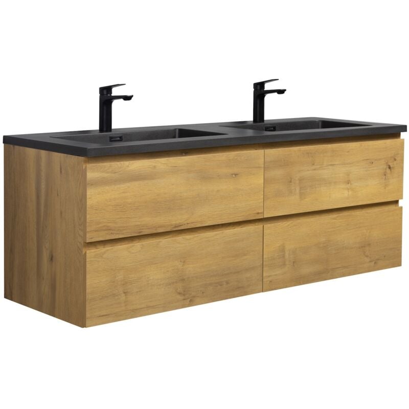 foto del prodotto mobile da bagno angela 140cm rovere con lavello nero armadio mobiletto lavabo