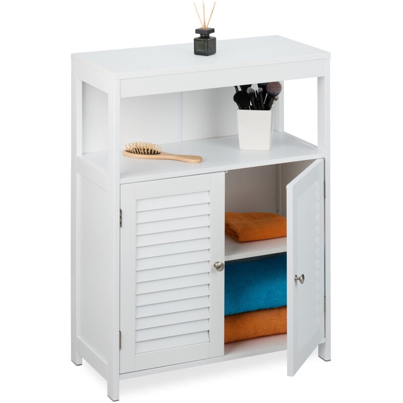 foto del prodotto mobile da bagno, armadietto legno mdf, hlp 80x60x29 cm, mobiletto da terra, 2 ante e scaffale aperto, bianco relaxdays