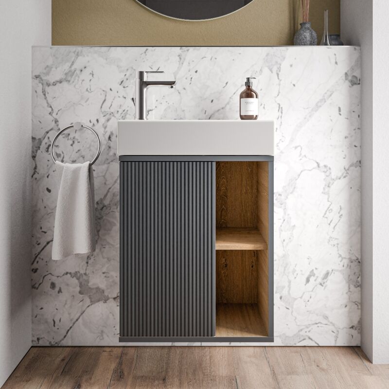 foto del prodotto mobile da bagno beldivo 50cm con lavabo bianco cerniera anta sinistra colore selezionabile antracite opaco