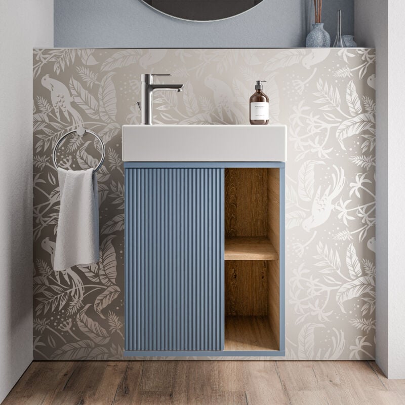 foto del prodotto mobile da bagno beldivo 50cm con lavabo bianco cerniera anta sinistra colore selezionabilematt azure blue en 