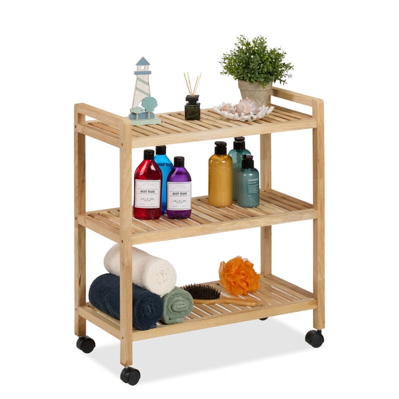 foto del prodotto mobile da bagno con 3 ripiani, mobiletto su ruote, scaffale in legno da cucina, 72x65x31 cm, marrone chiaro relaxdays