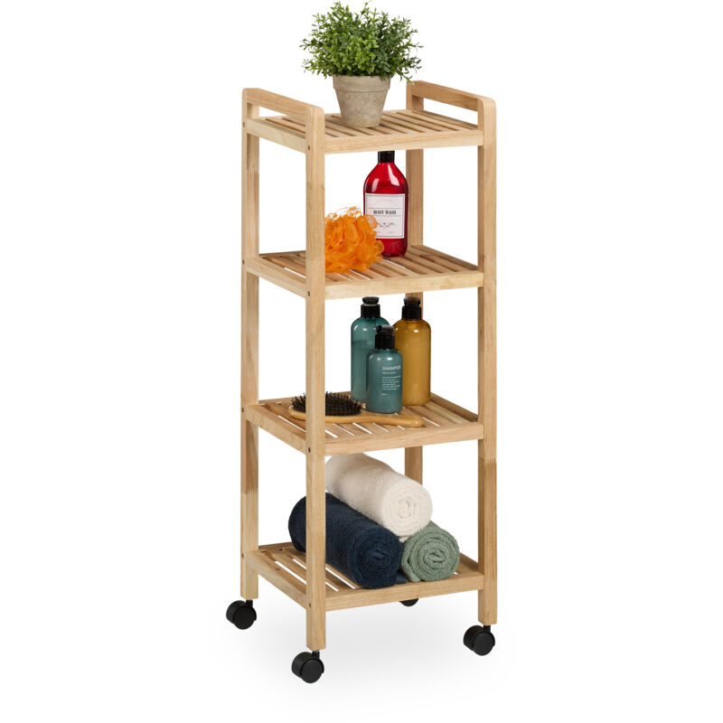 foto del prodotto mobile da bagno con 4 ripiani, mobiletto su ruote, scaffale in legno da cucina, 97x35x31 cm, marrone chiaro relaxdays