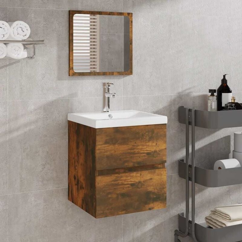 foto del prodotto mobile da bagno con specchio rovere fumo in legno multistrato vidaxl