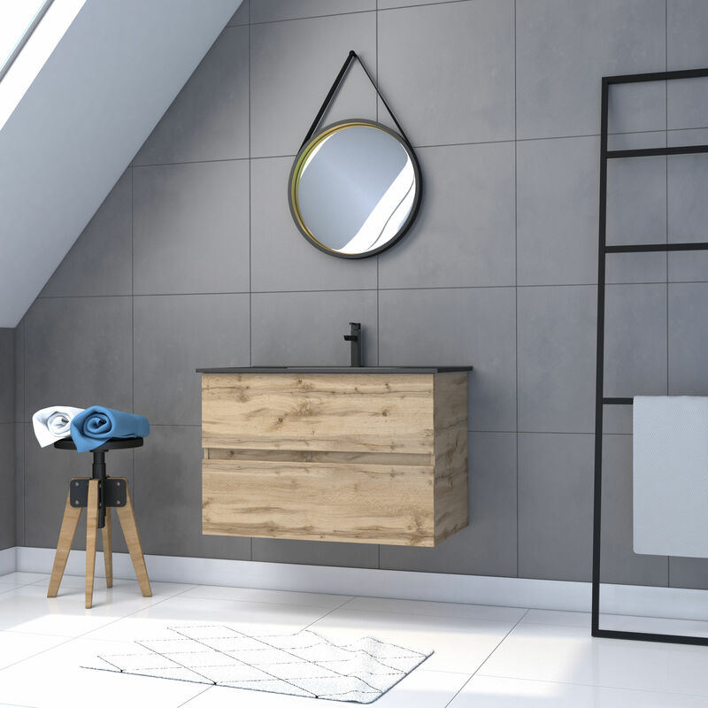 foto del prodotto mobile da bagno da appendere 80x54 finitura rovere lavabo nero specchio barbero timber 80 pack34