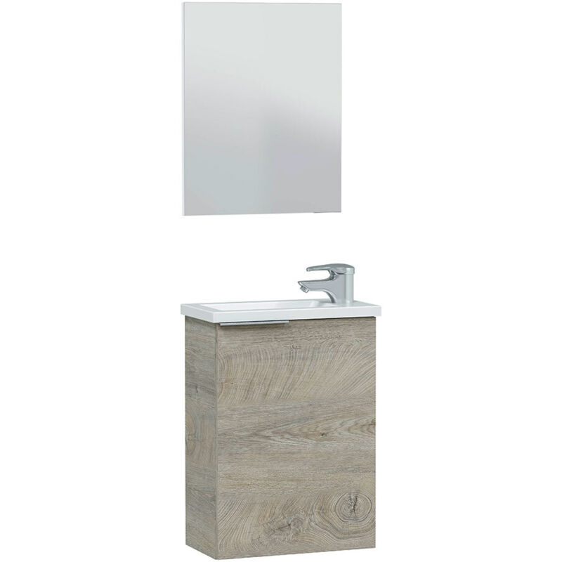 foto del prodotto mobile da bagno de con specchio, pensile, modello compatto, finitura rovere alaska, dimensioni 40 cm l x 58 cm a x 22 cm p 