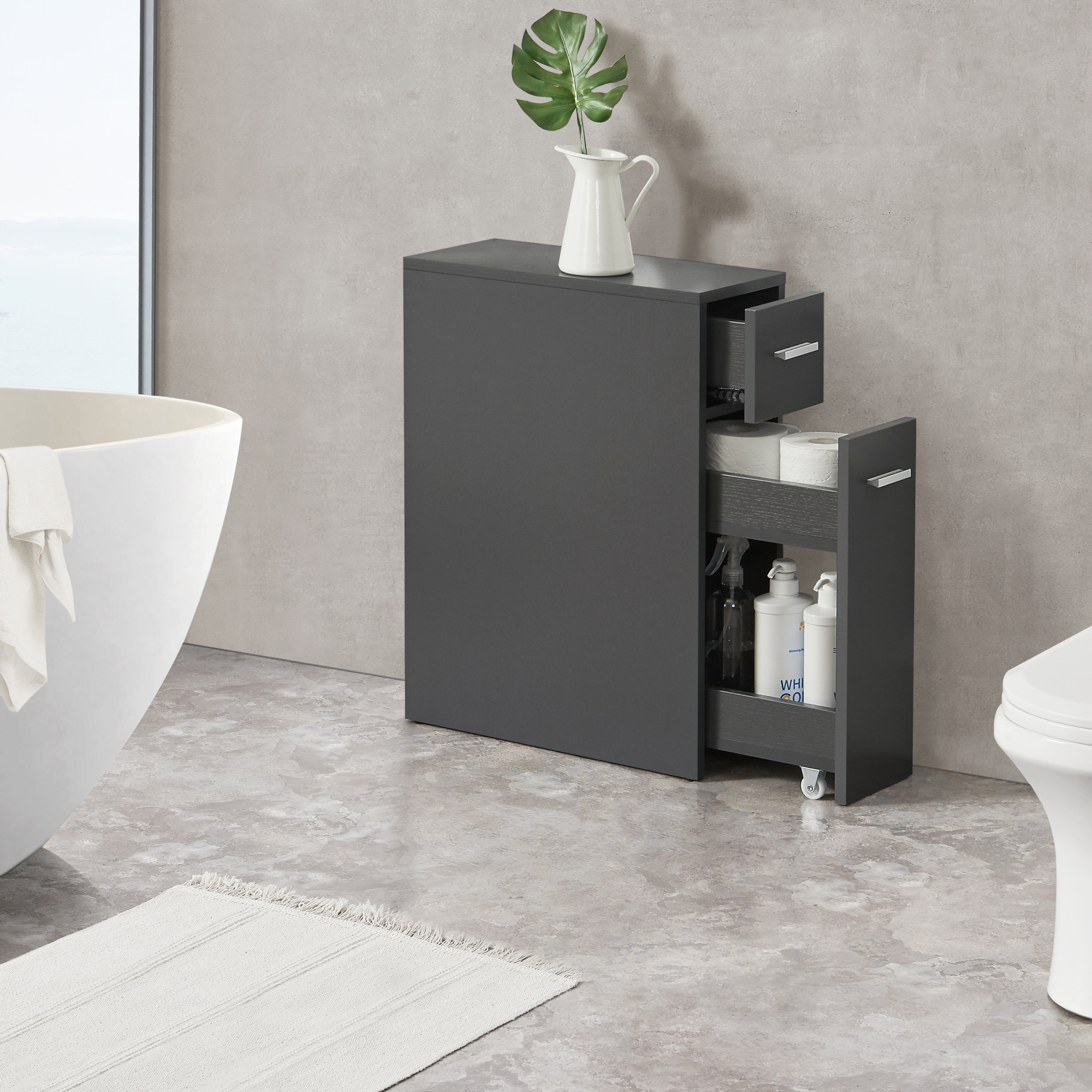 foto del prodotto mobile da bagno kauhajoki salvaspazio con 2 cassetti 61 x 20 x 45 cm grigio scuro en.casa 