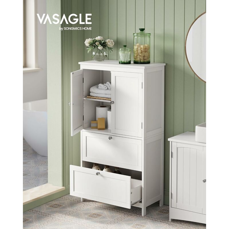 foto del prodotto mobile da bagno, mobiletto da bagno, credenza da cucina, armadietto con 2 cassetti e 2 ante, ripiano regolabile, 30 x 60 x 110 cm, bianco vasagle