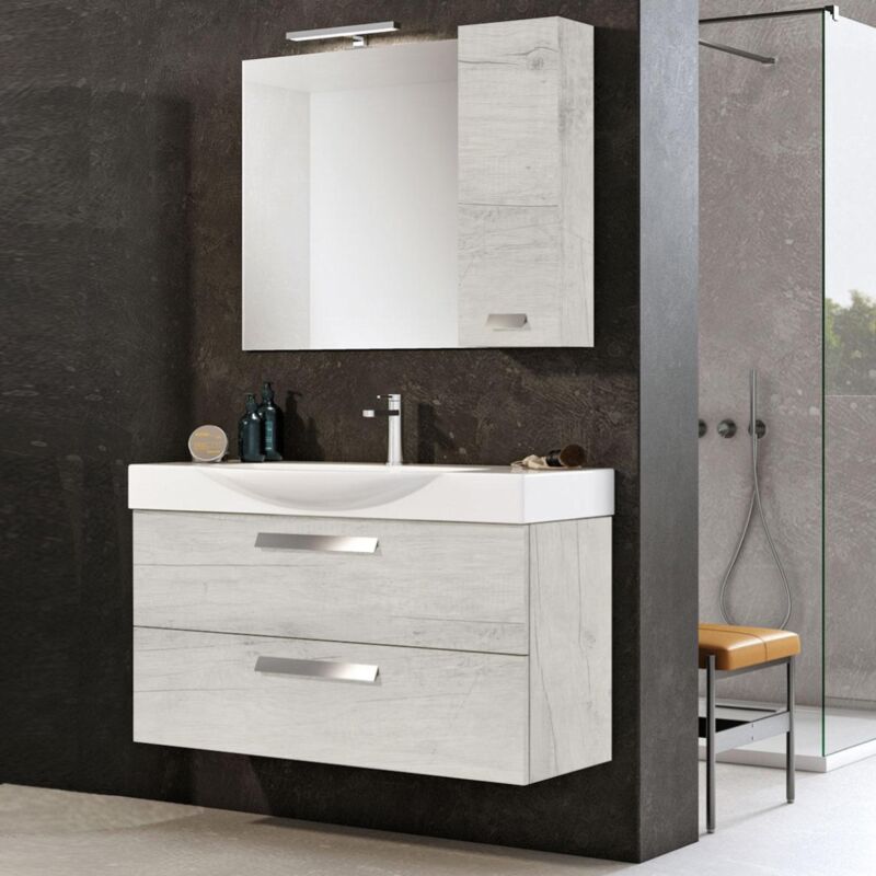 foto del prodotto mobile da bagno moderno sospeso base 105 cm a 2 cassettoni con lavabo quercia bianco