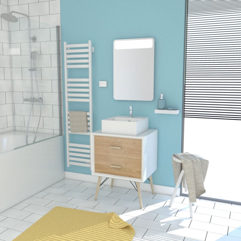 foto del prodotto mobile da bagno scandinavo bianco e legno naturale 60cm con cassetti, lavabo da appoggio specchio