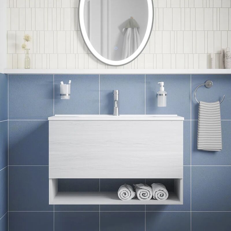 foto del prodotto mobile da bagno sospeso 60 cm bianco effetto legno con un cassetto, vano a giorno e lavabo incluso incluso mod. sauris