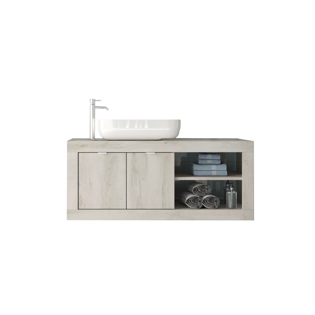 foto del prodotto mobile da bagno sospeso con un lavabo e 2 porte, lunghezza 92cm, collezione isora, colore bianco effetto legno.