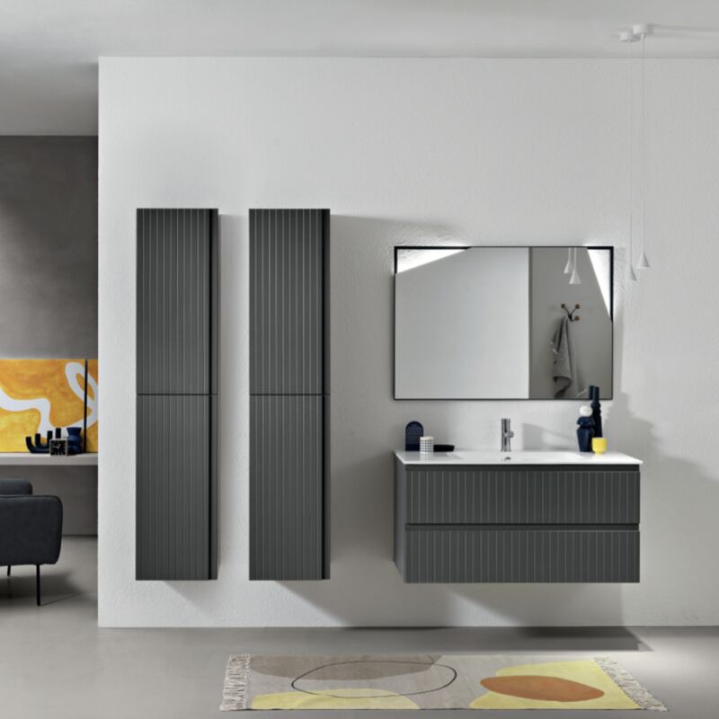 foto del prodotto mobile da bagno sospeso moderno con base 100 artico con 2 cassetti e lavabo antracite opaco
