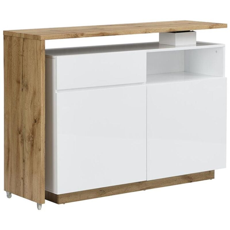 foto del prodotto mobile da bar girevole 2 ante, 1 cassetto e 1 nicchia mdf bianco laccato e rovere eldir
