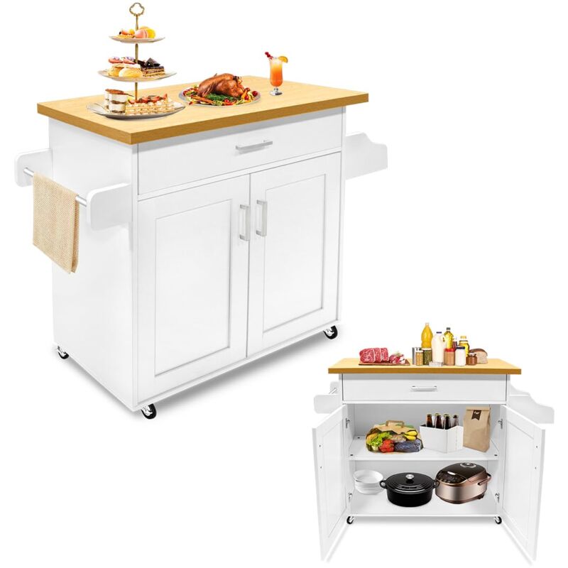 foto del prodotto mobile da cucina con piano di lavoro, ruote e cassetti carrello da cucina carrello di servizio con serratura incl. porta asciugamani e portaspezie