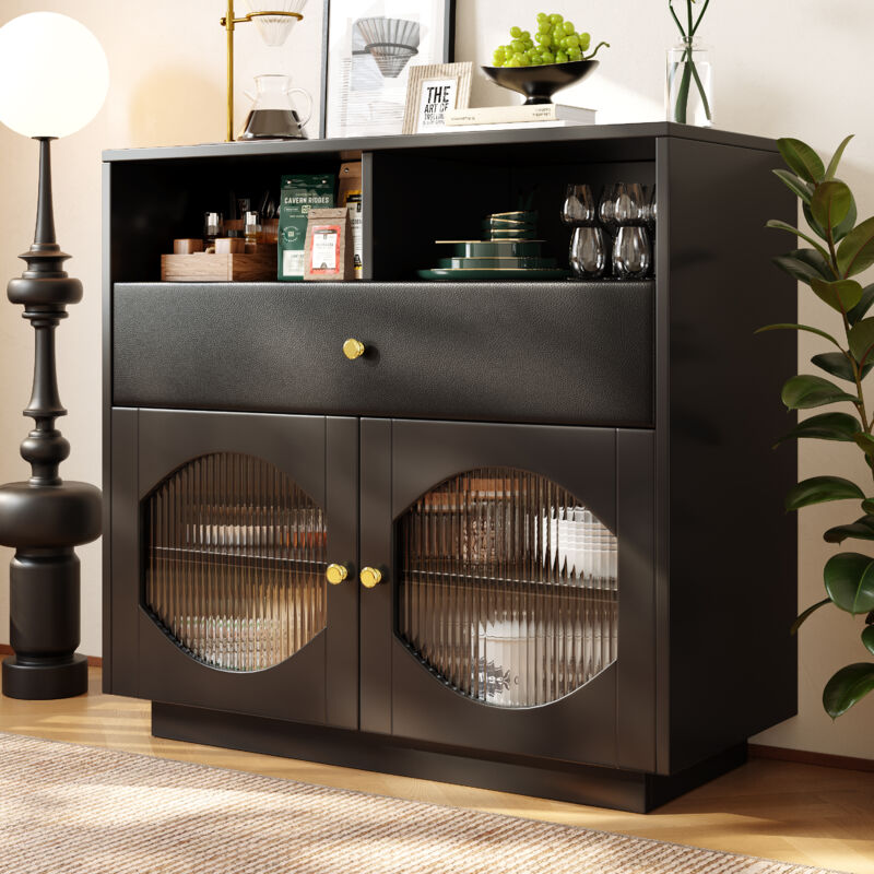 foto del prodotto mobile da cucina, credenza con ante in vetro, mobile contenitore, credenza per cucina, sala da pranzo e soggiorno, credenza moderna nera, 100 40 