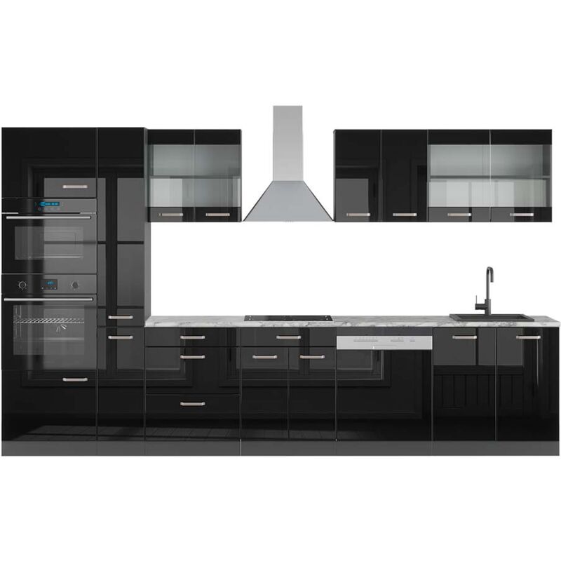 foto del prodotto mobile da cucina r line, nero lucido, 350 cm con armadio alto, pl marmo vicco