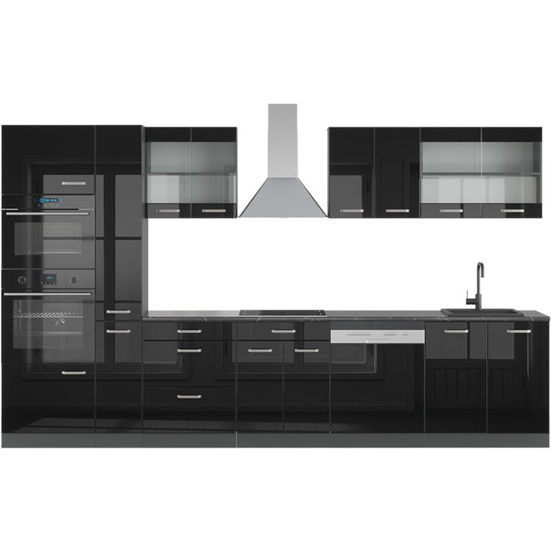 foto del prodotto mobile da cucina r line, nero lucido antracite, 350 cm con armadio alto, pl antracite vicco