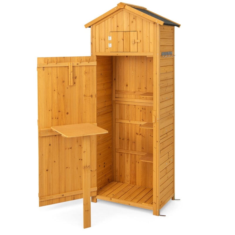 foto del prodotto mobile da giardino impermeabile in legno con casetta da giardino pensile con ripiani tavolo pieghevoli e 8 ganci 75 x 50 x 180,5 cm 200007049