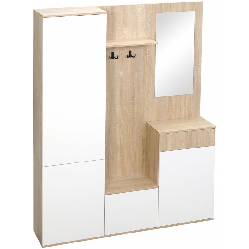 foto del prodotto mobile da ingresso 4 in 1 con specchio 145x29x184 cm in truciolato bianco e legno naturale