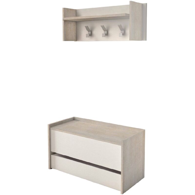 foto del prodotto mobile da ingresso actinolite, entratina moderna con appendiabiti, mobile con scarpiera, armadietto multifunzione, cm 50x32h182, rovere e bianco