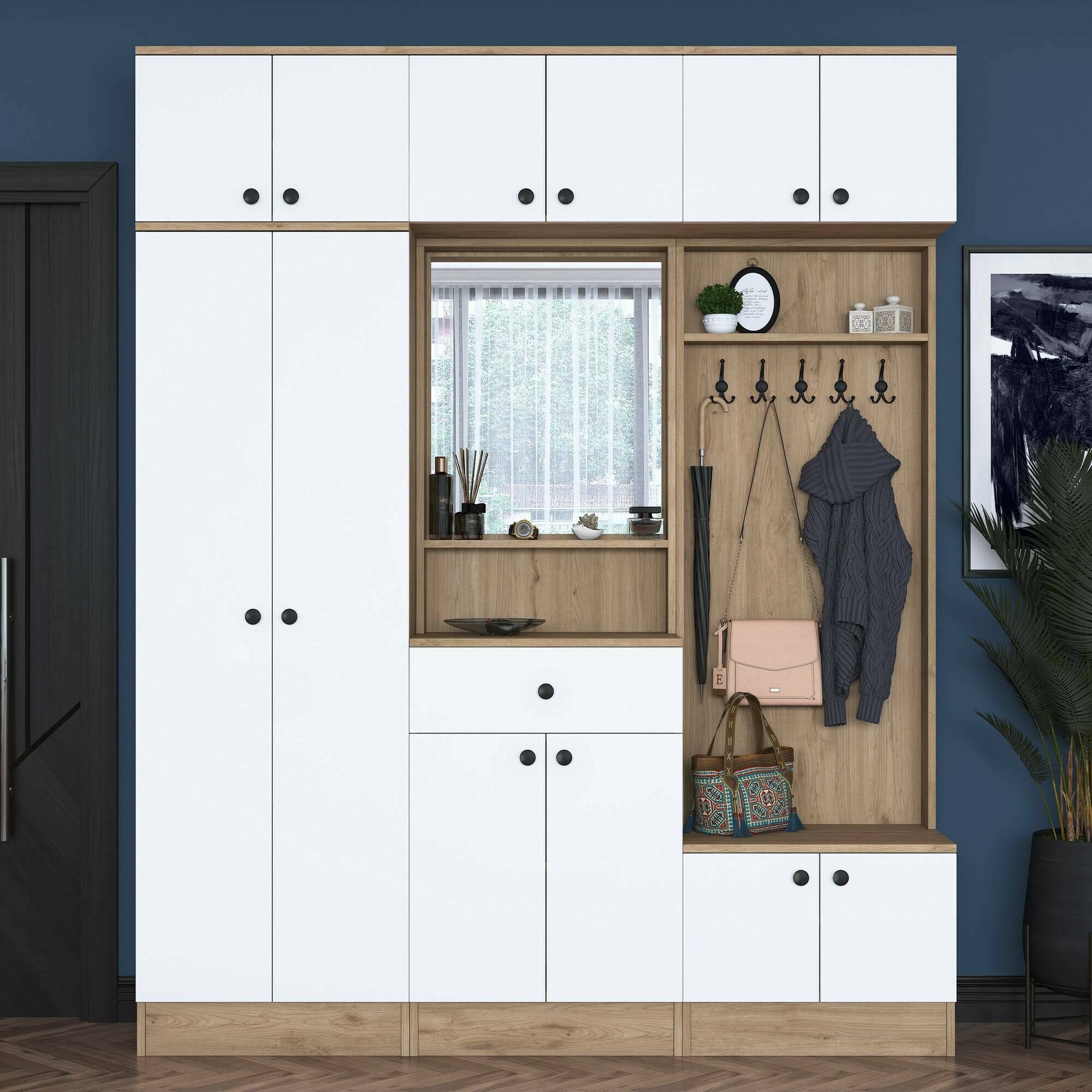 foto del prodotto mobile da ingresso adonis, entratina appendiabiti, composizione per atrio, consolle portaoggetti multifunzione, 180x38 h226 cm, noce e bianco