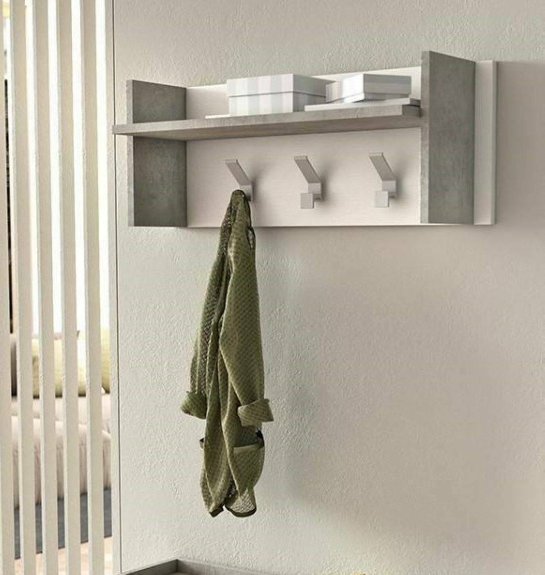 foto del prodotto mobile da ingresso angry, mobile appendiabiti con 3 ganci, mensola portaoggetti da ingresso, made in italy, cm 90x29h34, bianco e cemento